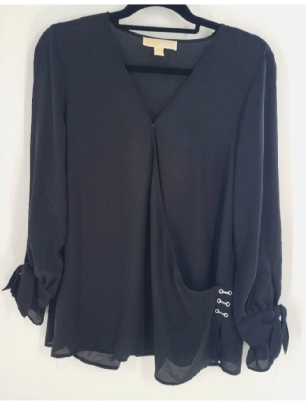 Michael Kors black long sleeves semi sheer faux wrap blouse Size L New